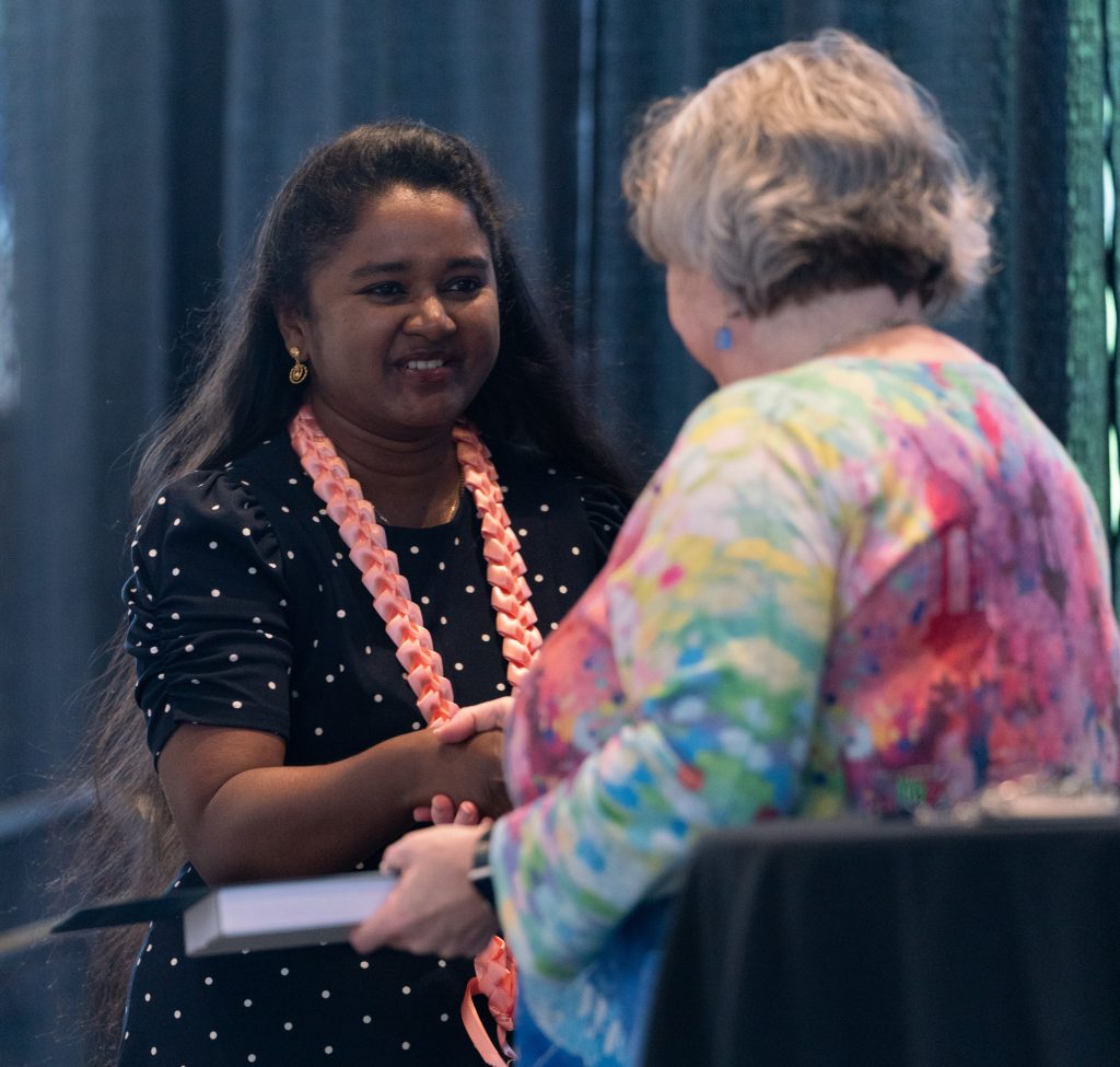 Madhuri Deepati and SPH Dean Hilary Godwin at the 2023 SPH Excellence Awards Ceremony.