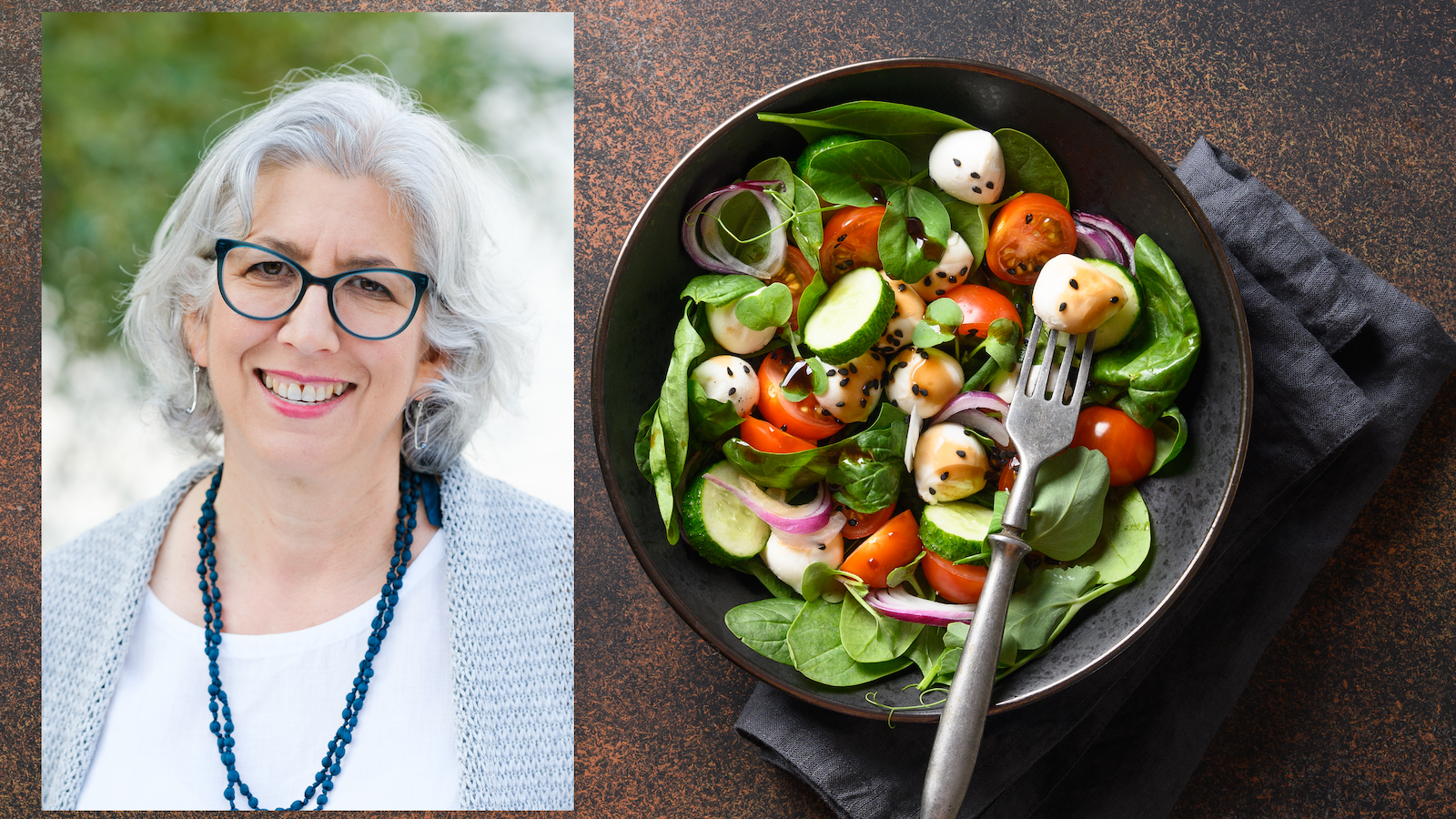 Author Judy Simon inset with image of healthy salad