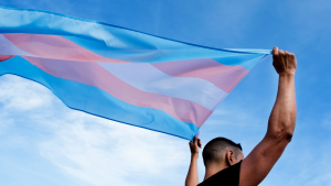 Person holds a transgender flag that waves in the wind.