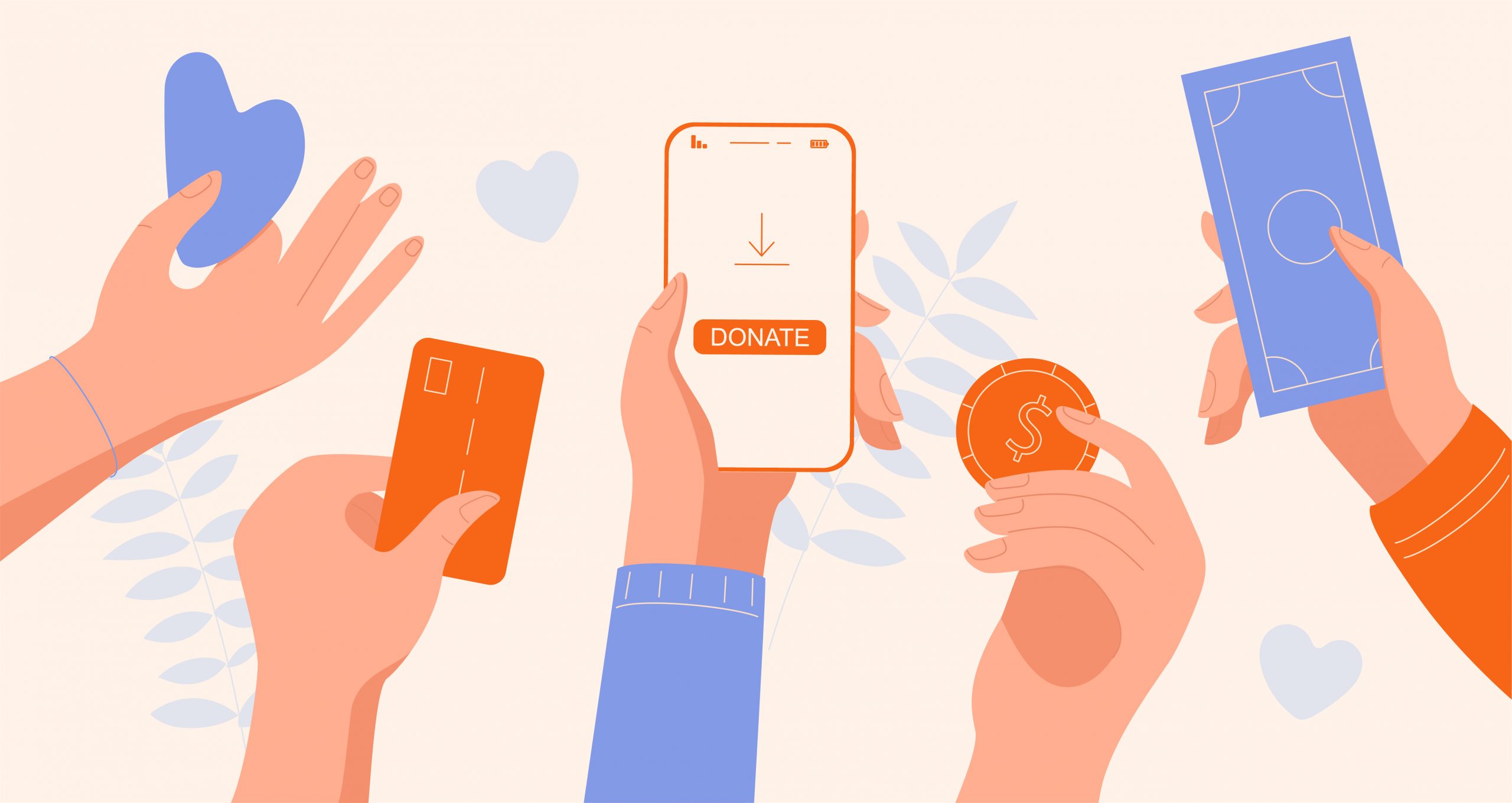 illustration of five hands holding a heart, credit card, a phone, a coin, and cash.