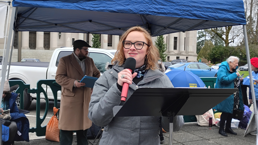 Sam Hatzenbeler at a rally for universal health care