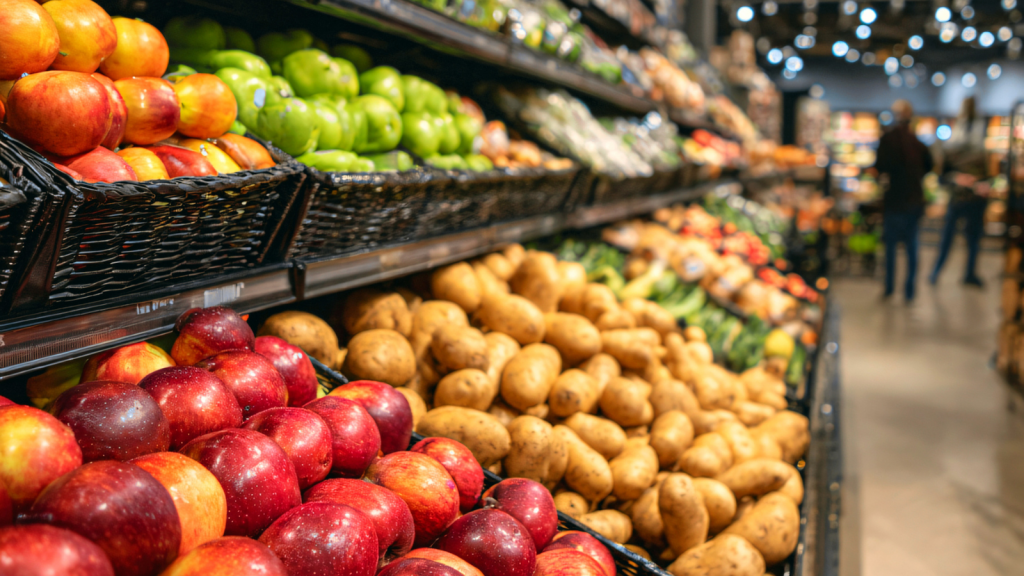 Shelves of fruits and vegetables at a grocery store