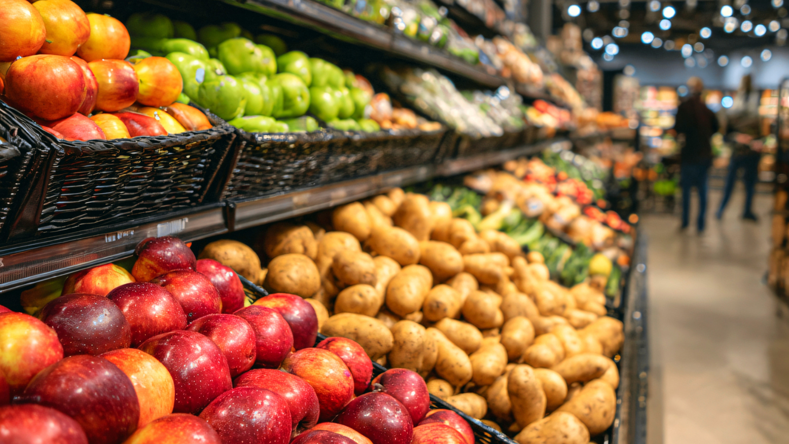 Shelves of fruits and vegetables at a grocery store